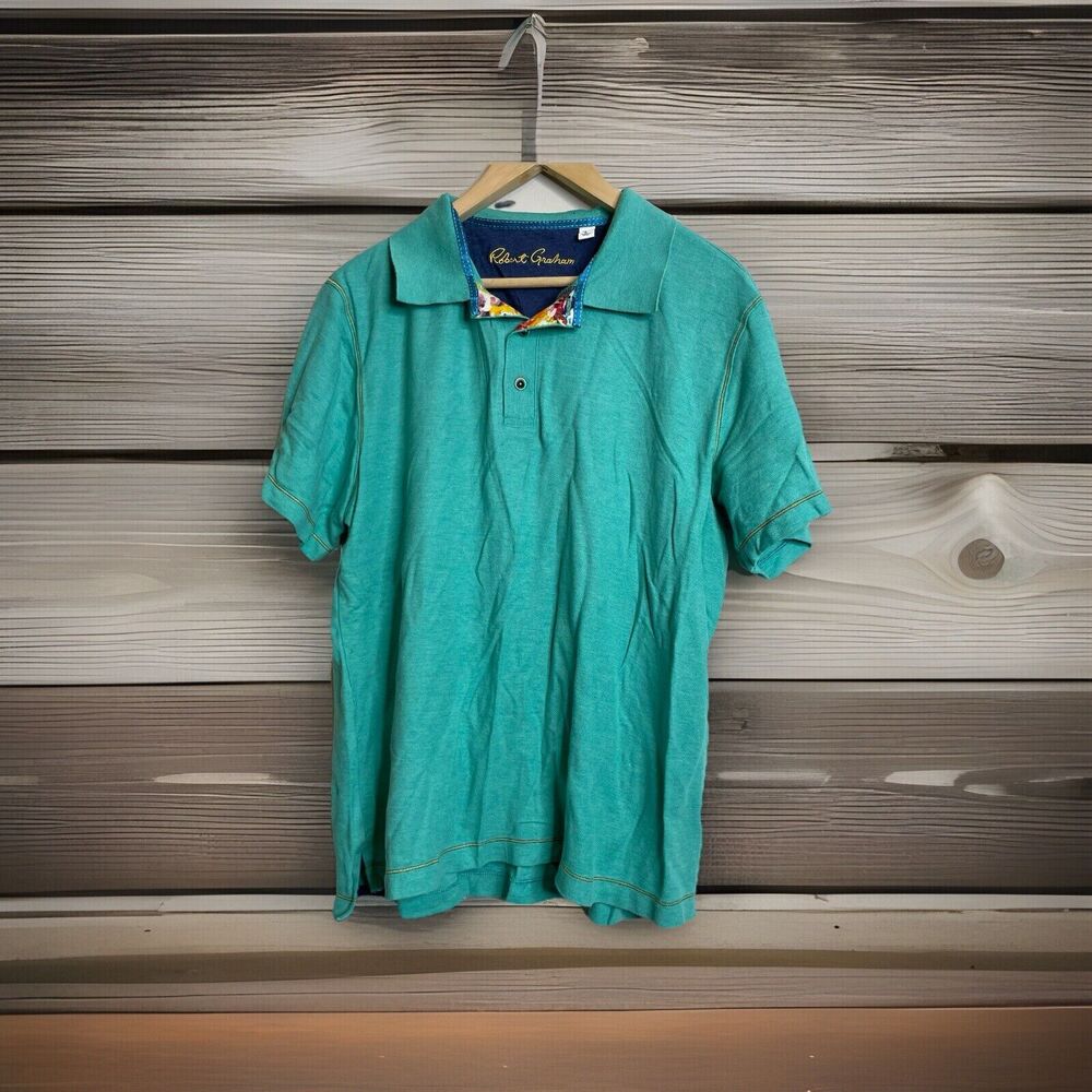 Robert Graham Polo Shirt Short Sleeve Teal Green Art Colorful Pattern Mens L